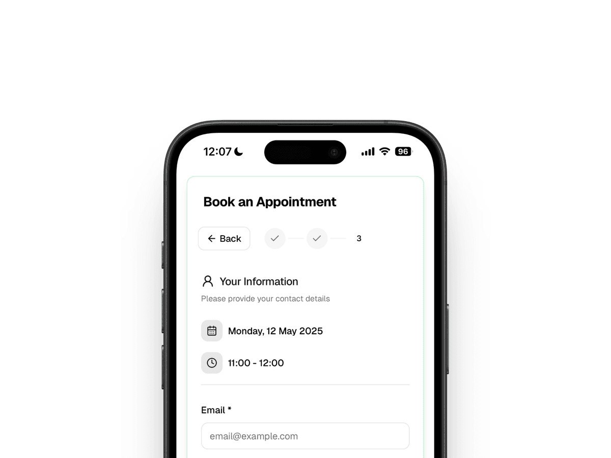 Contact form for finalizing booking